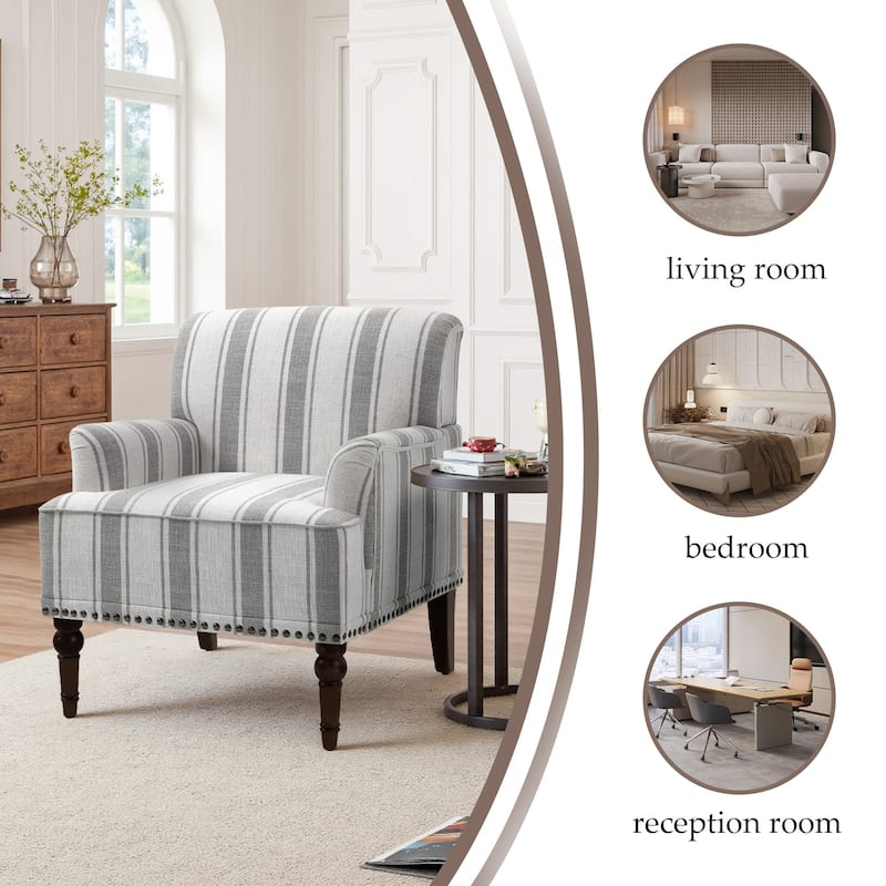 Set 2 Striped Upholstered Linen Armchair with Brass Nailhead Trim