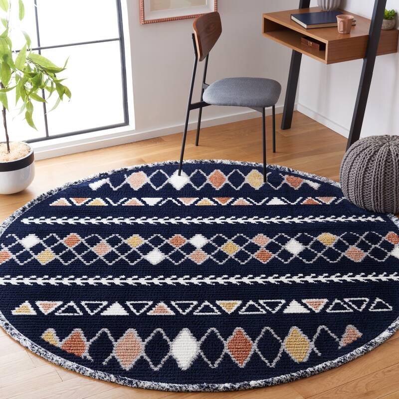 SAFAVIEH Marrakesh Domenica Boho Tribal Fringe Rug - 6'7" Round - Navy/Multi