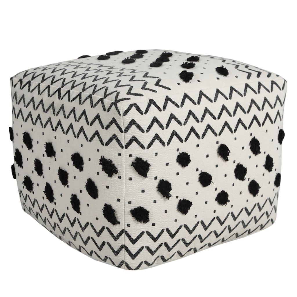 18" White and Black Geometric Arrow Square Pouf Ottoman