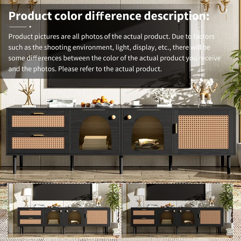 Rattan-Inspired 80'' Media Console with LED Lights & Ample Storage
