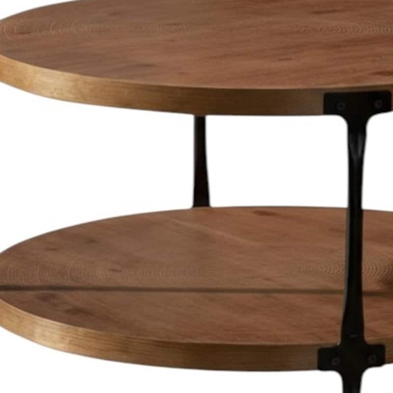 HomeRoots 31" Walnut and Black Wood and Steel Round Coffee Table With Shelf - 30.71 in. x 18.11 in. x 30.71 in.