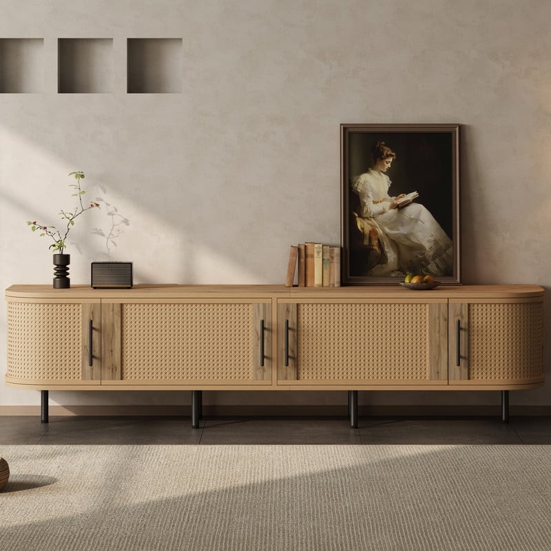 Rustic 70" TV Stand with Rattan Doors for TVs up to 80", Media Console Entertainment Center for Living Room