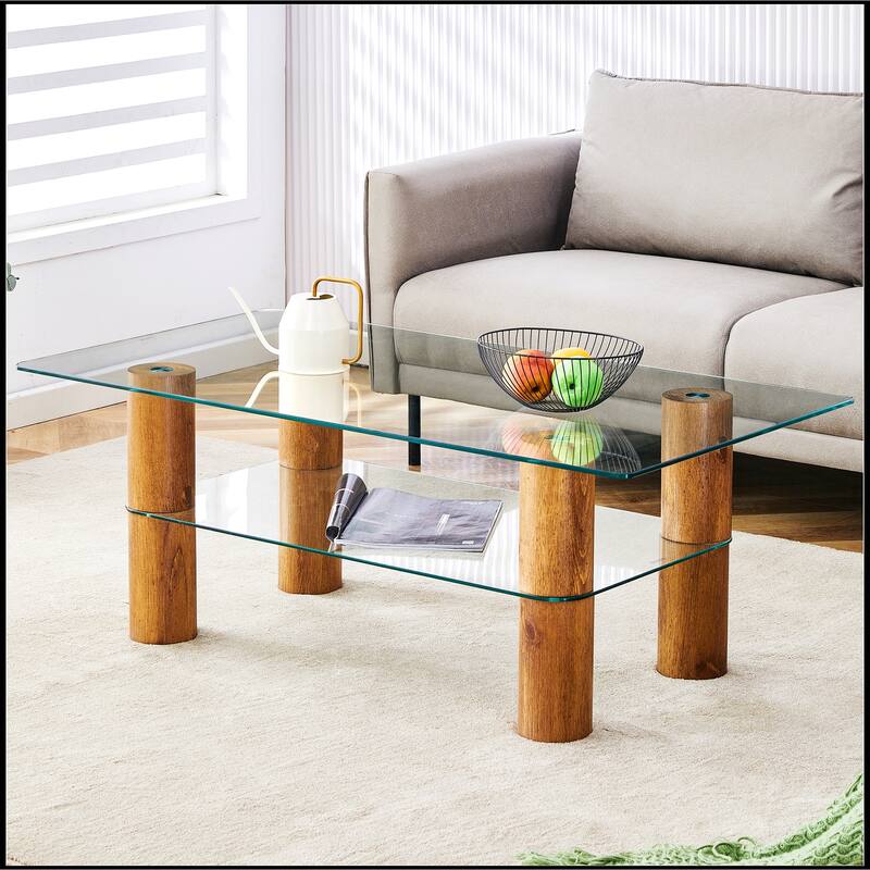 Double-layer Transparent Tempered Glass Coffee Table - Wood