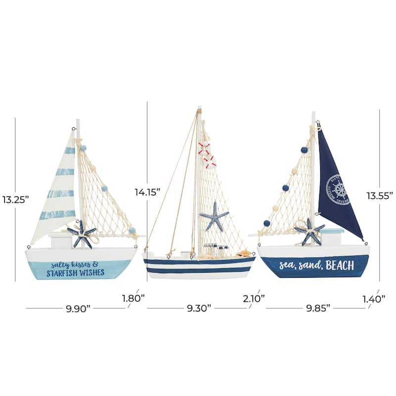Resin Sail Boat Sculpture with Netting and Starfish Details - Set of 3 Blue - Roche River Decor - 2"W x 9"L x 14"H
