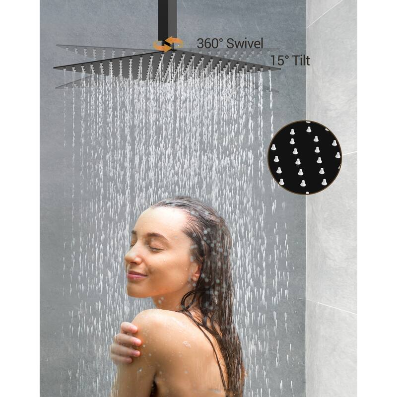 Shower System 12" Ceiling Rain Shower Head with 3-Way Thermostatic Faucet & Body Jets