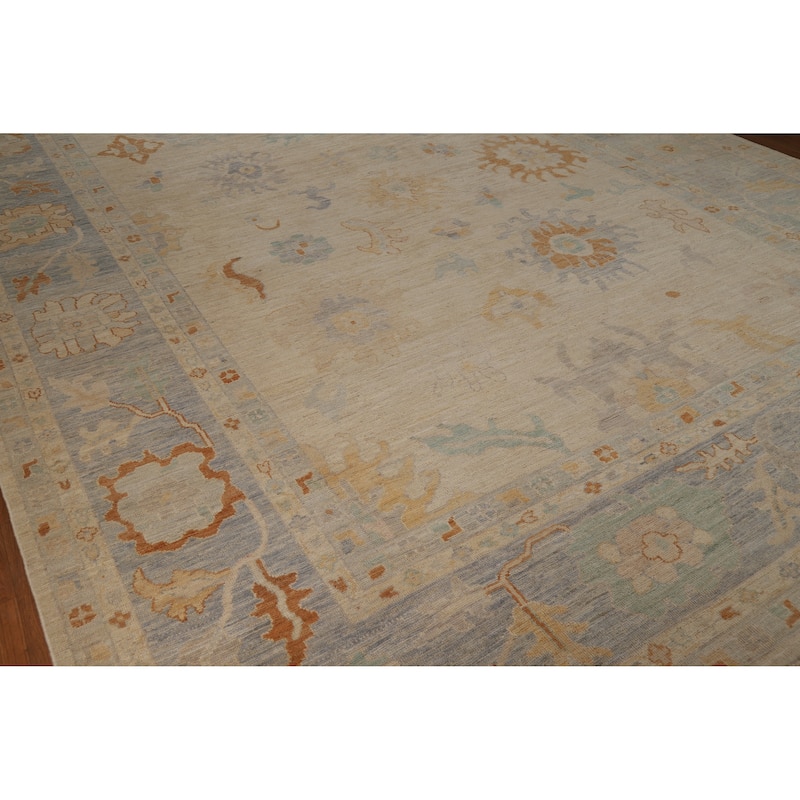 Hand Knotted Oriental 100% Wool Carpet Transitional All-Over Beige & Ivories Oushak Area Rug - 13' 8'' X 9' 10''