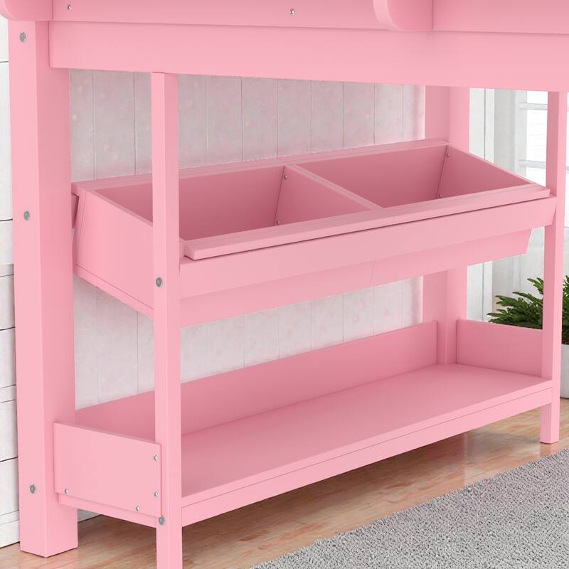 Low Loft Bed with Desk, Storage Bookcases, Drawers & Boxes, Solid Wood Kids Loft Bed with Blackboard Shelf