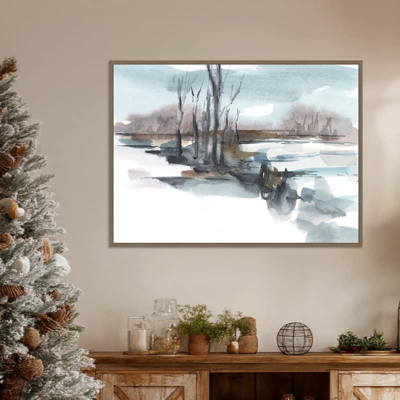 Winter Stream Watercolor II by Ethan Harper Framed Canvas Wall Art Print - Sylvie Dark Gold