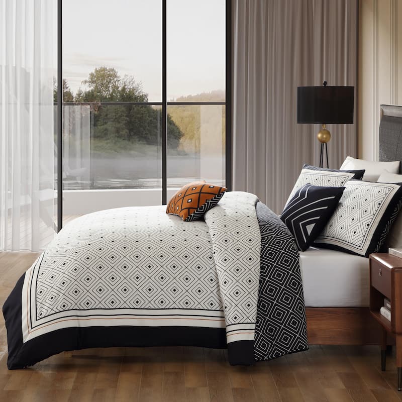 Bebejan Geometric Black & White 200 Thread Count 100% Cotton Sateen 5 Piece Reversible Comforter Set