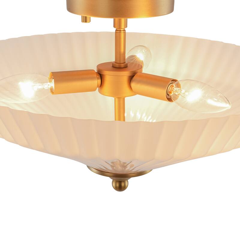 Mid-Century Scalloped Milky Glass Shallow Cone Semi Flush Light - 15.7 Inches