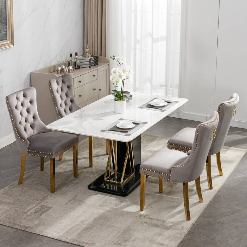 Set of 2 Velvet Dining Chairs with Nailhead Trim and Gold-Plated Legs