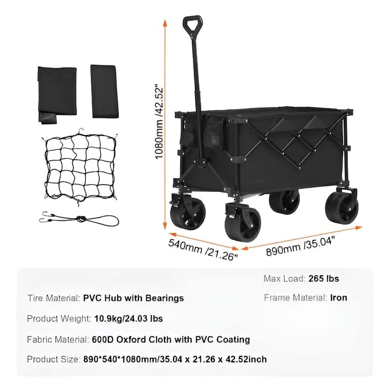 Black Oxford Iron Wagon 265lbs Foldable Cart with 150L Storage - 35.04 x 21.26 x 42.52 inch