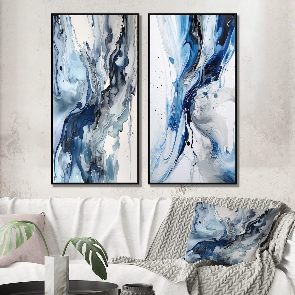 Designart "Blue and Grey Ethereal Elixir" Abstract Framed Wall Art Set Of 2 - Blue Gallery Set For Office Decor