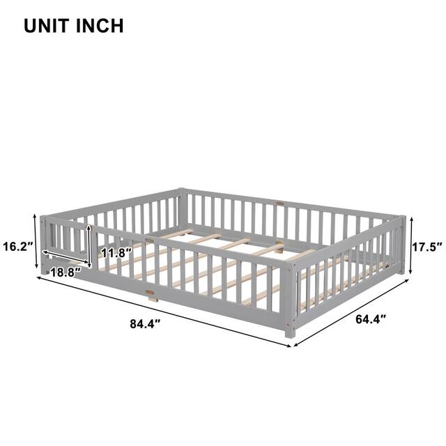 Twin/Full/Queen size Floor Platform Bed with Fence and Door for Kids, Toddlers