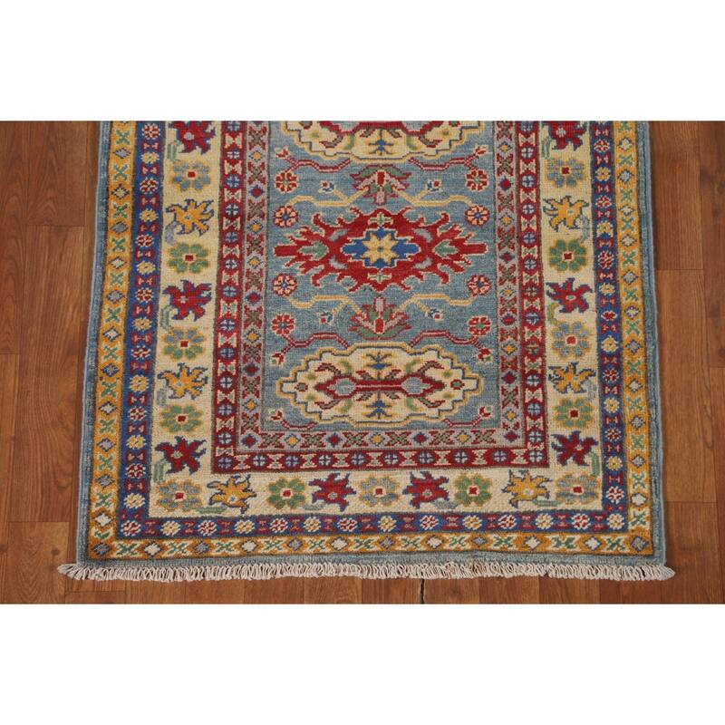 Kazak Runner Rug Light Blue Handmade Wool Carpet - 2'7" x 9'3"