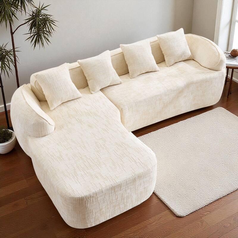 Chenille L-Shaped Compressed Sofa, 4-Seat Sectional Couch with Curved Armrests, High-Elastic Sponge & 4 Throw Pillows