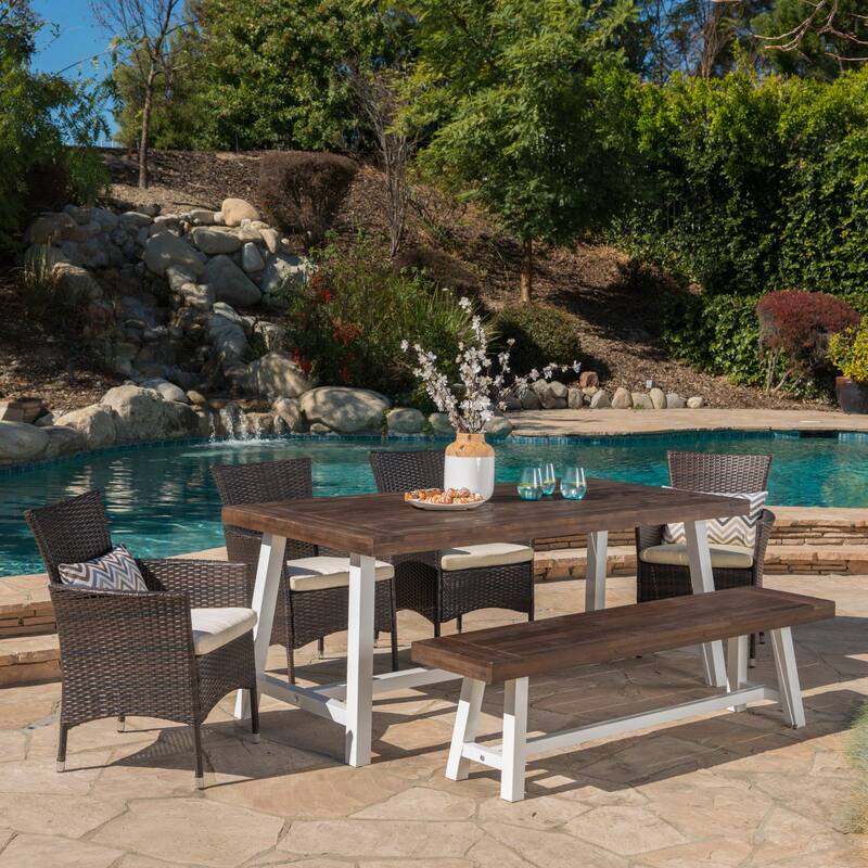 Linden Outdoor 6 Piece Rustic Iron and Acacia Wood Dining Set by Christopher Knight Home - Sandblasted Dark Brown/White Rustic Metal