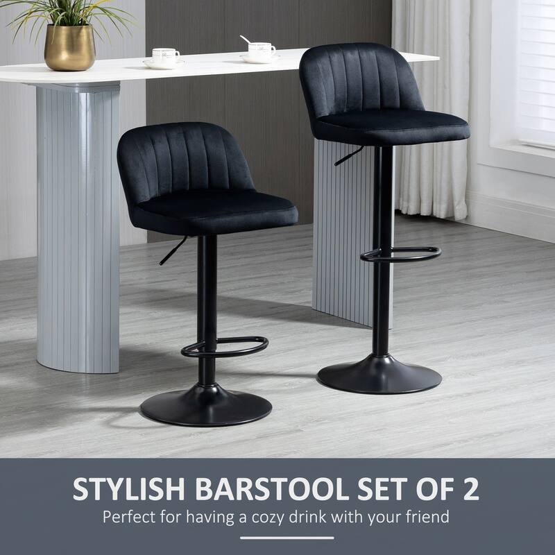 HOMCOM Adjustable Bar Stools Set of 2, Velvet Counter Height Barstool, Upholstered Kitchen Stool with Swivel Seat, Steel Frame