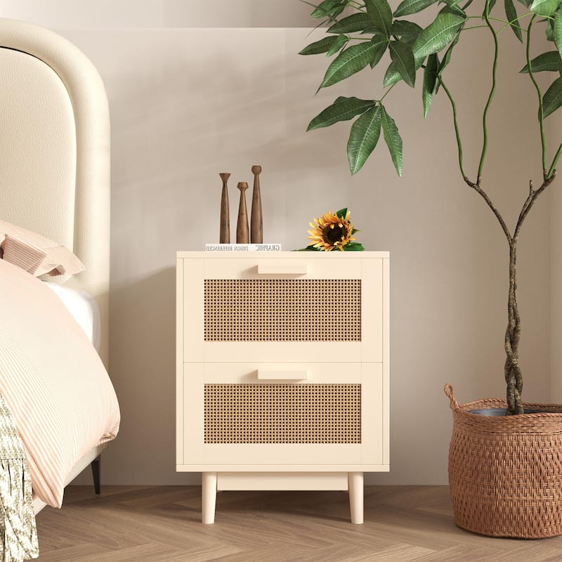 Rattan Nightstand, Wood End Table, Side Table with 2 Faux Rattan-Decorated Drawers for Living Room, Bedroom