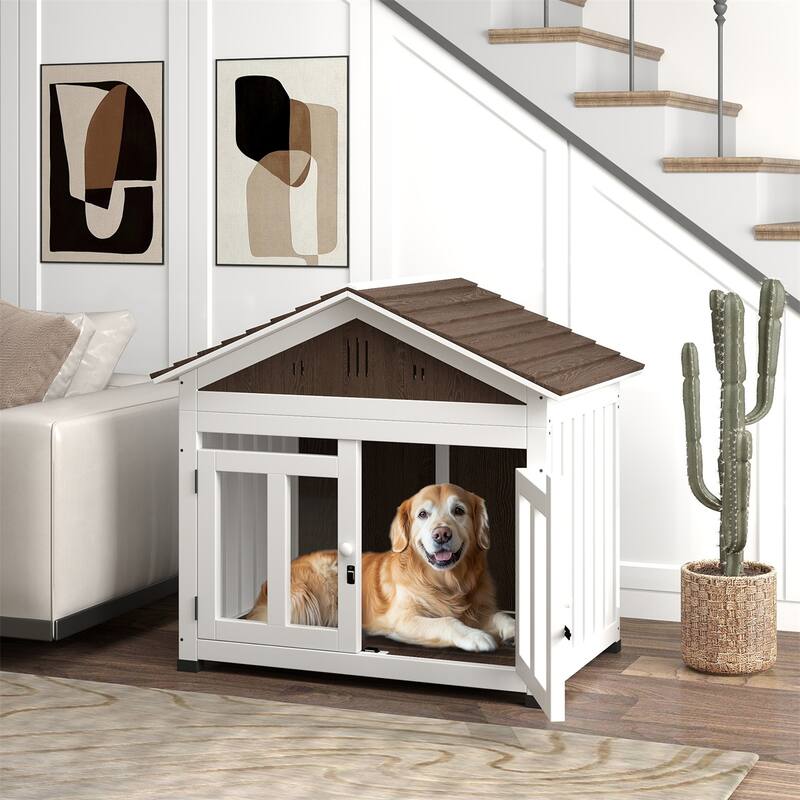 Dark Brown and White Wooden Dog Crate with Acrylic Front Door Removable Floor Elevated Design - Brown-White