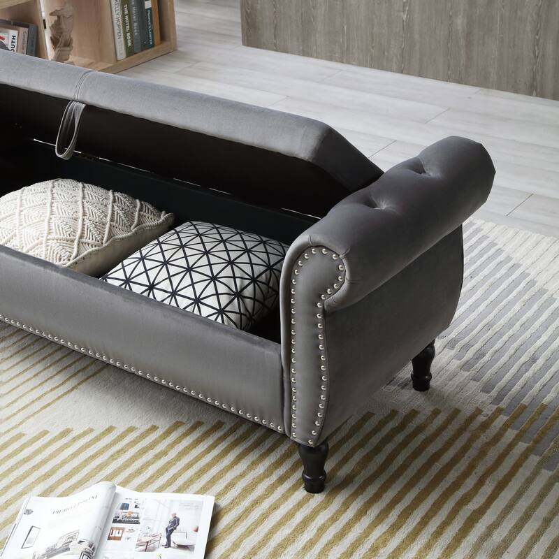 Elegant Grey Velvet Storage Bench: Versatile Ottoman with Nailhead Trim and Tufted Design