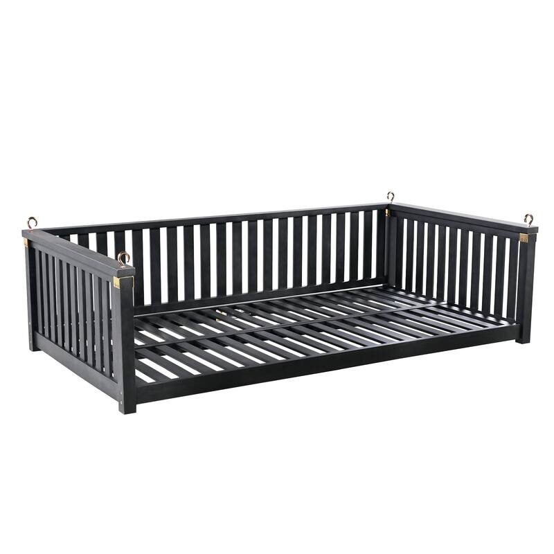 Acacia Wood Twin-Size Porch Swings Bed with 350lb Capacity, Includes Hemp Ropes and Sloped Safety Design