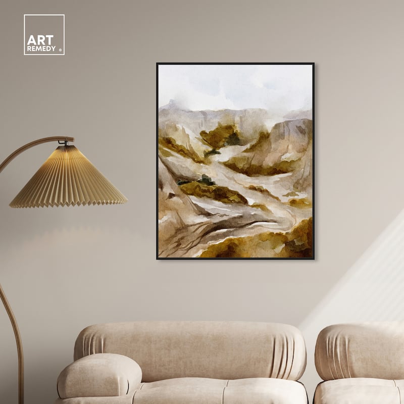 Art Remedy Winter End Rock Mountain Framed Landscape 1 Piece Canvas Wall Art Watercolor Style