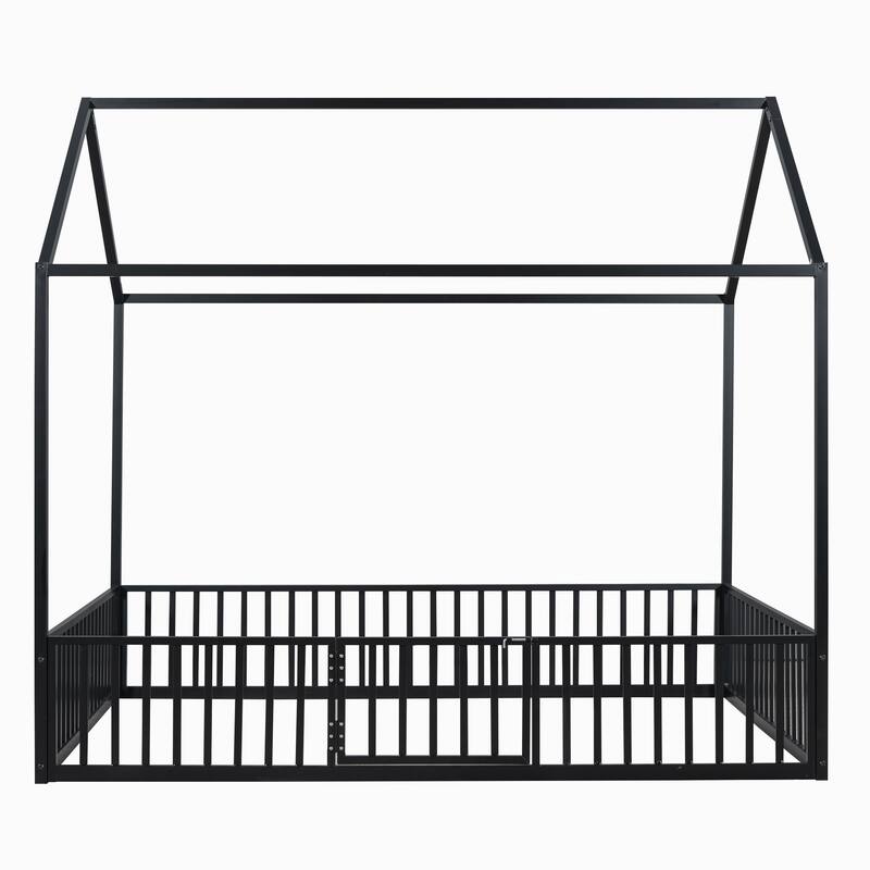 Roomfitters Twin/Full Size Metal House Bed Frame with Fence and Door Design for Bedroom Storage