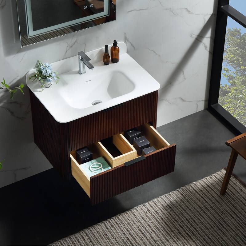 Modland Fluted Floating Vanity with Sink, Plywood Wall Mount Cabinet, Curved Edge, 24/30/36 Inch