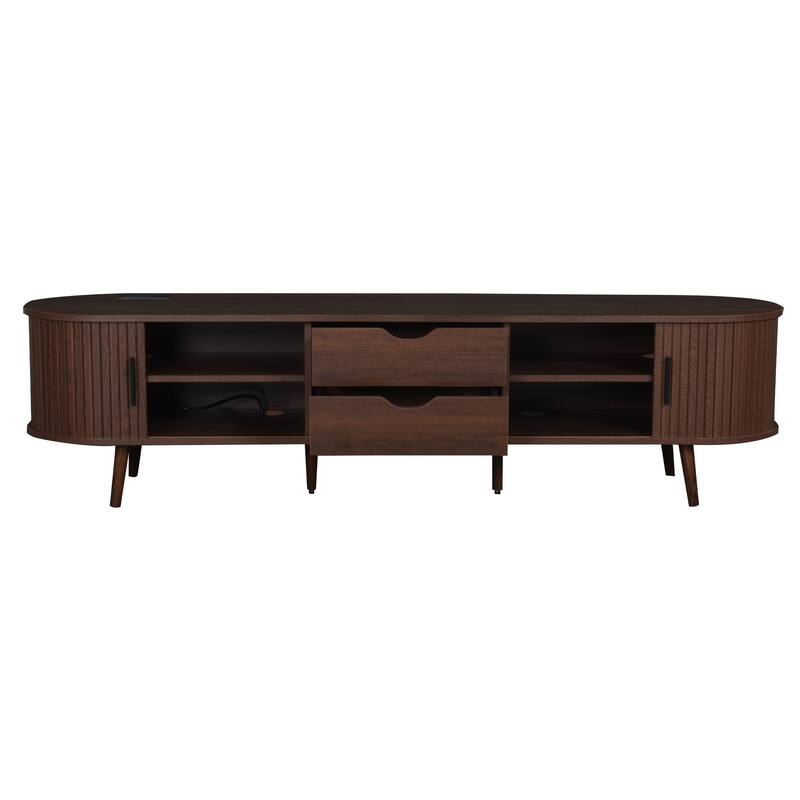 Mid Century Modern TV Stand for TVs up to 80 Inch, Sliding Barn Door TV Cabinet Media Console Table with Outlets and USB Ports