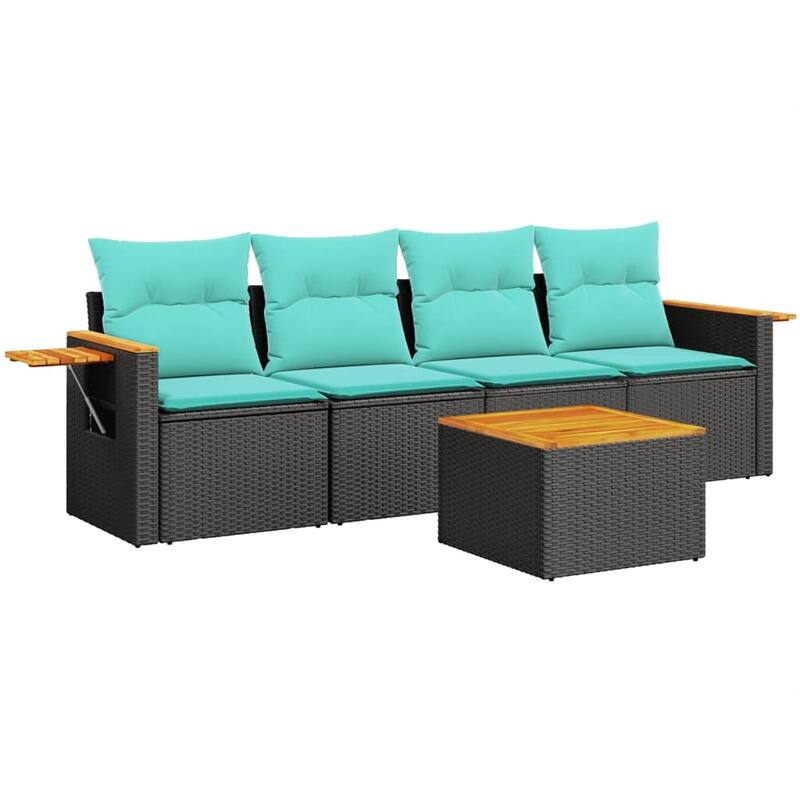 vidaXL 5 Piece Patio Sofa Set with Cushions Black Poly Rattan - 21.7 x 24.4 x 27.2
