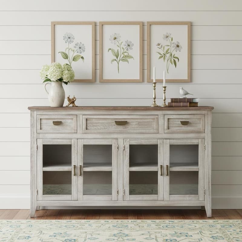 HomeRoots 67" White Solid and Manufactured Wood Distressed Credenza - 67.00 in. x 40.00 in. x 17.00 in. - 67.00 in. x 40.00 in.  x 17.00 in.