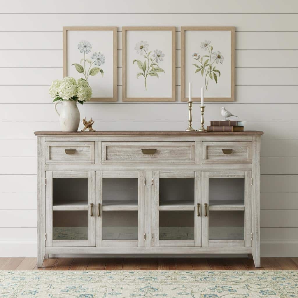 HomeRoots 67" White Solid and Manufactured Wood Distressed Credenza - 67.00 in. x 40.00 in. x 17.00 in.