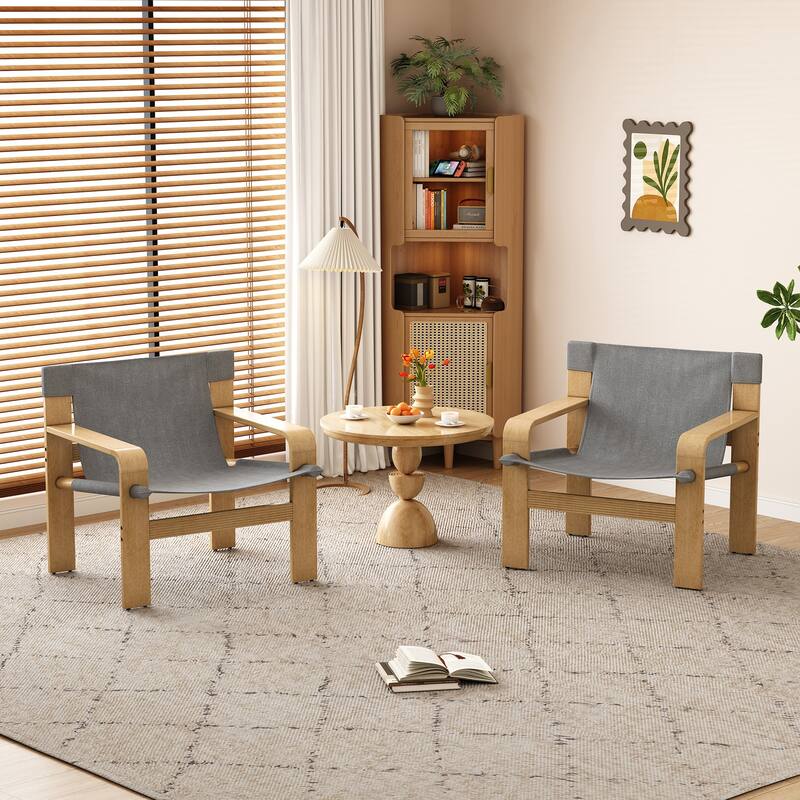 Detachable and washable Oak Accent Chair Wide Armrest Mid-Century Lounge Chair Linen Fabric Armchair & Solid Wood Frame - DARK GREY