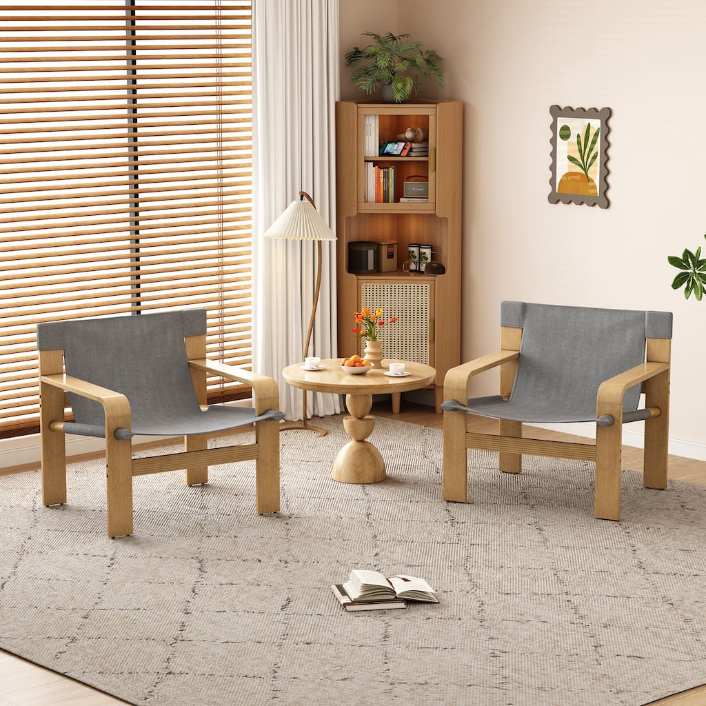 GDFStudio - Oak Wood Frame Linen Fabric Armchair for Living Room, Bedroom, Balcony