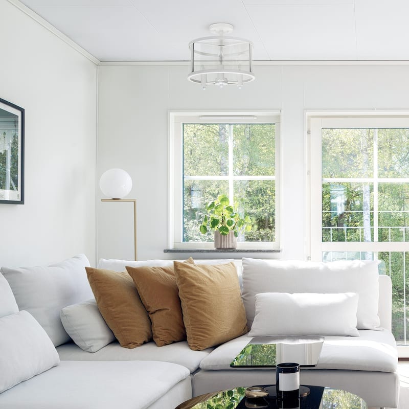 3-Light Semi Flush Mount Ceiling Light - Industrial Glass Shade, Modern Farmhouse Design, Matte White Finish - 12.5