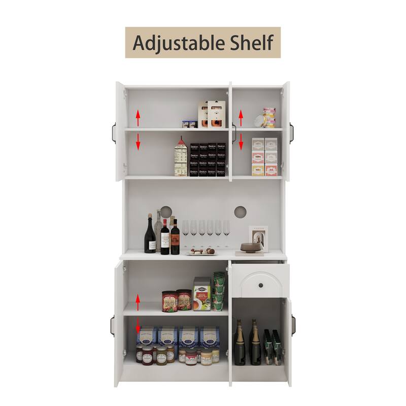 Kitchen Pantry with Microwave Countertop, Storage Cabinet with 6 Doors and 1 Drawer, Cupboard with Adjustable Shelves