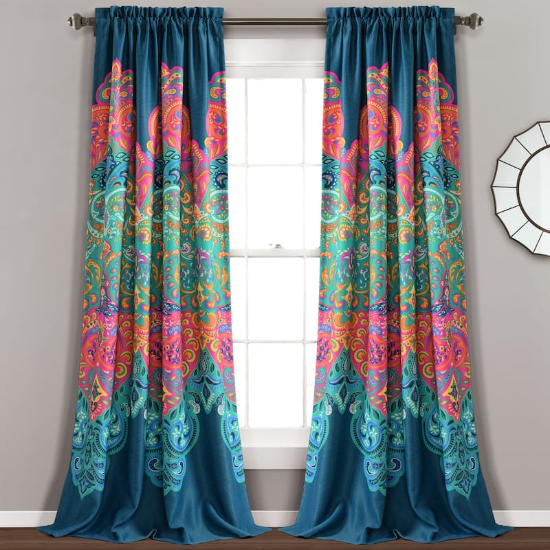 Lush Decor Boho Chic Room Darkening Window Curtain Panel Pair - 95 Inches - Turquoise & Navy