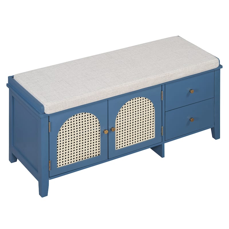 Wood Frame Bench with Shoe Storage, Shoe Bench with Rattan Arched Door and 2 Drawers Entryway Fabric Upholstered Bench