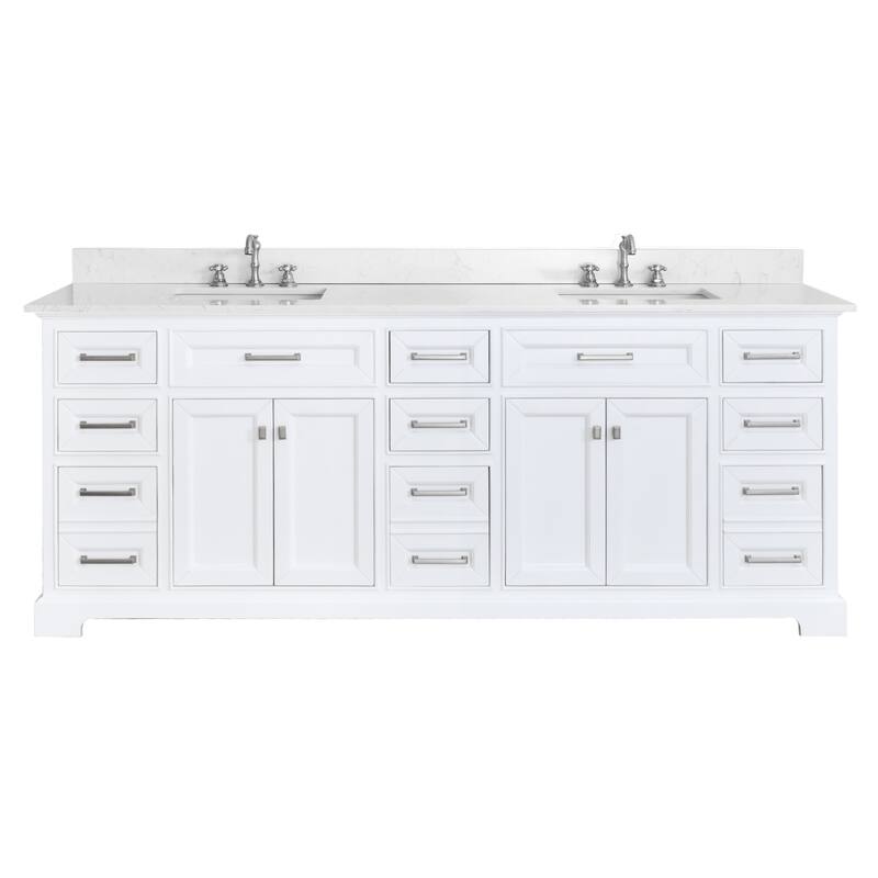 Prismarble Bathroom Vanity 84" White with Marble Top & Backsplash, Double Sinks - Cultured Marble Top Vanity