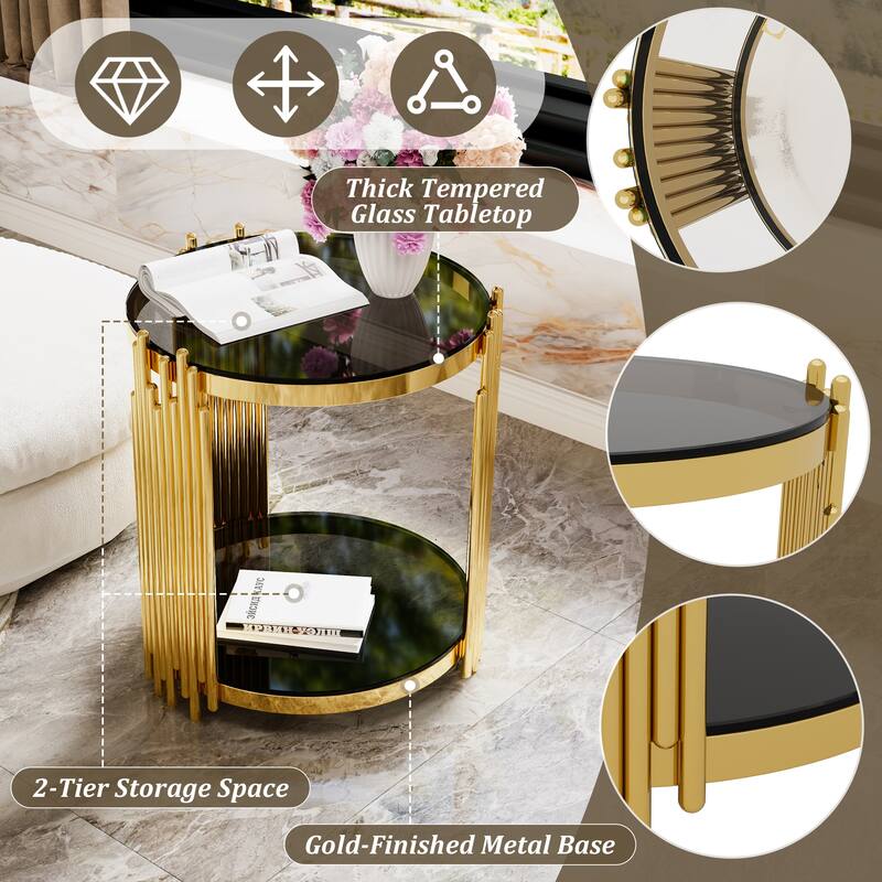 19.8" Modern Transparent Glass End Table for Living Room, Round, Asymmetrical Metal, Gold Finish & Lower Shelf