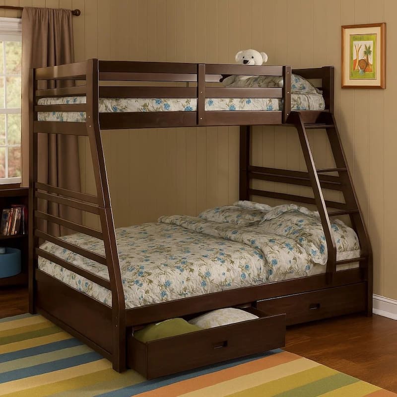 Transitional Style Twin Over Full Bunk Bed with Drawers, Walnut Brown