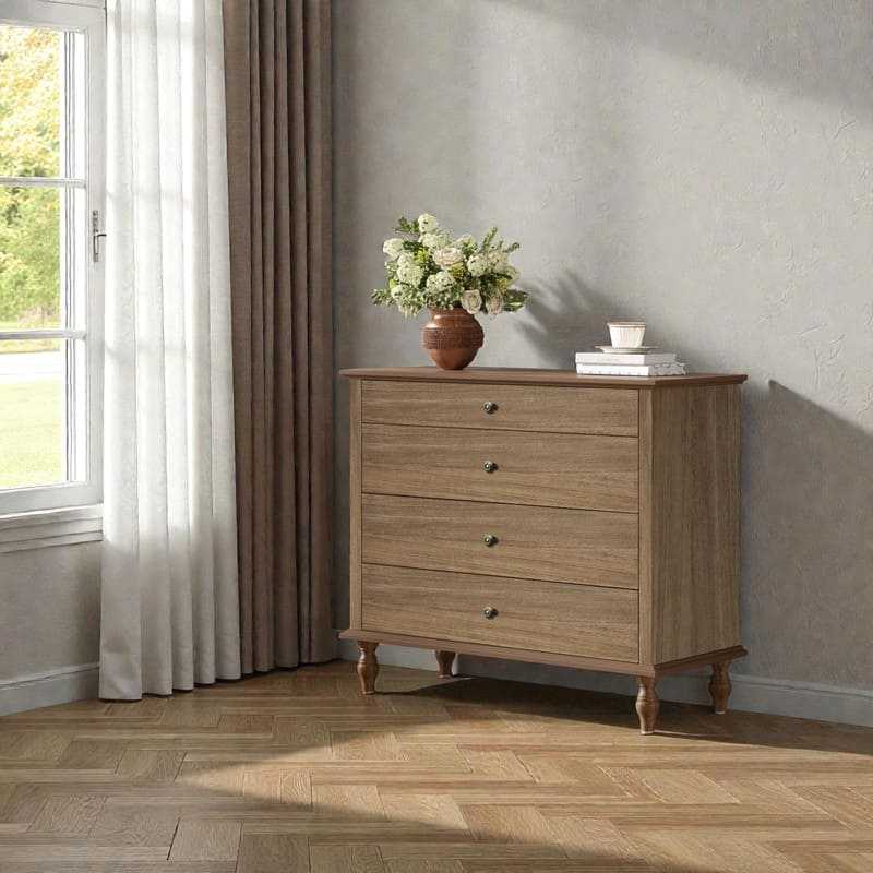 Large 4-Drawer Wood Dresser with Solid Wood Feet, Brown Finish & Metal Knobs, Antique Storage Chest