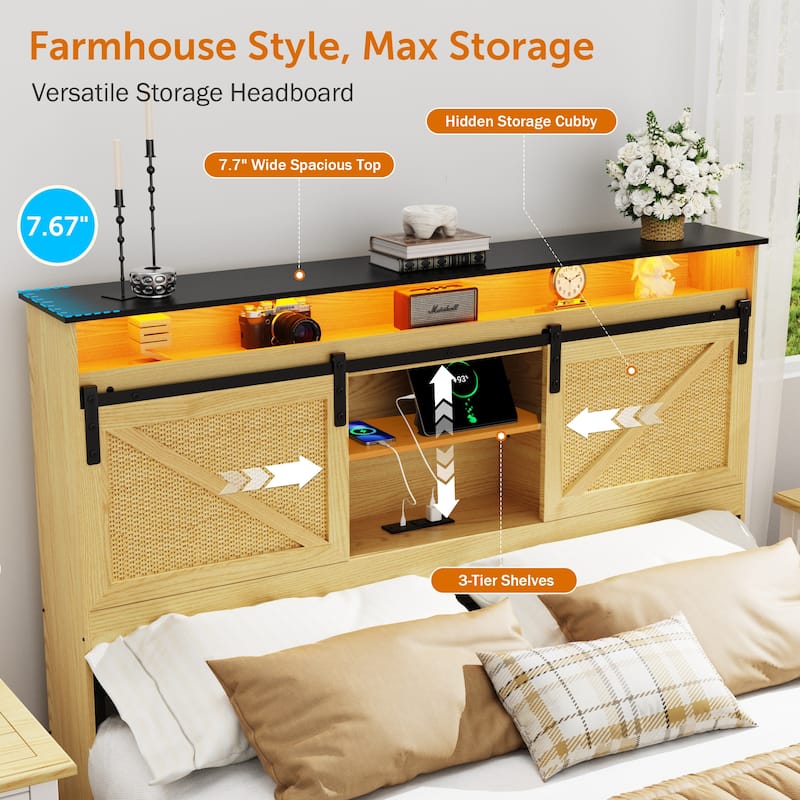 Farmhouse Storage Bed Frame with Storage Headboard, Charging Station and LED Lights, Optional Platform Bed with Drawers