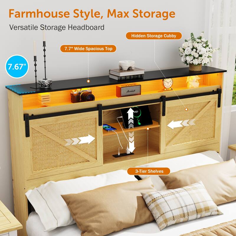 Farmhouse Wooden Bed Frame with Metal Slat, Storage Platform Bed with 2 Drawers, Storage Headboard with LED and Charging Station