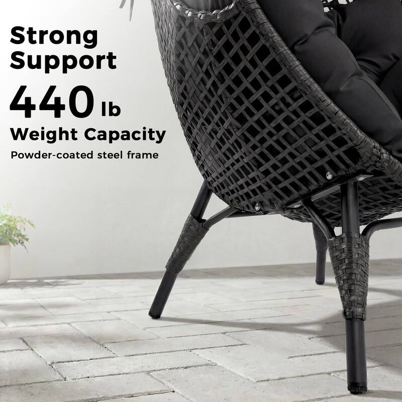 Oversized Wicker Egg Chair with Ottoman, 6.5" Thick Cushions, 440 lb Capacity, Stationary Boho Indoor/Outdoor Lounge Chair