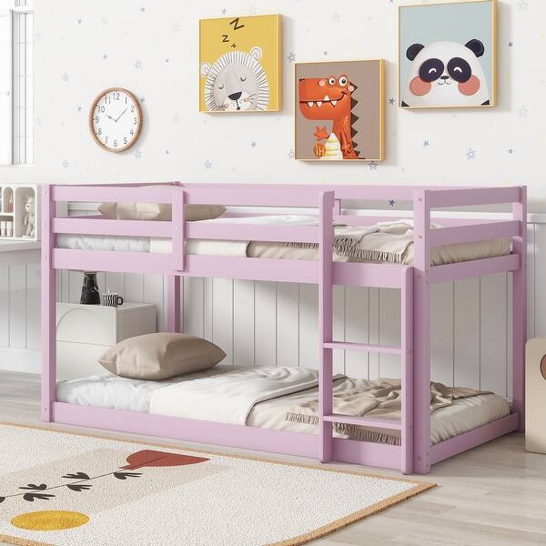slide 2 of 12, Pink Twin Size Wood Loft Bed with Ladder and Fence for Kids Pink