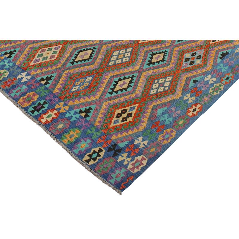 Southwestern Turkish Kilim Flo Rust Blue Hand-Woven Wool Rug - 8'2'' x 9'6''