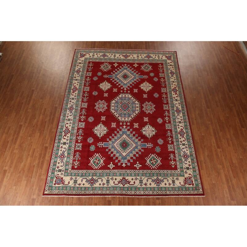 Red Geometric Kazak Oriental Area Rug Handmade Traditional Wool Carpet - 9'7" x 13'1"