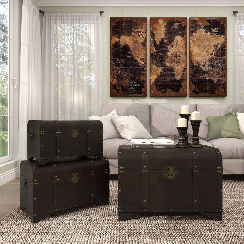 Brown Wooden Nesting Upholstered Decorative Trunk with Vintage Accents and Studs (Set of 3)